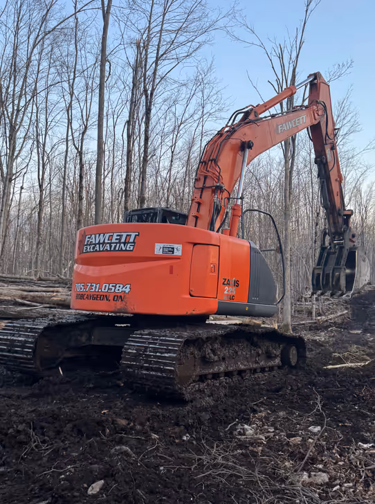 Excavator clearing trees and brush from a lot in Bobcaygeon