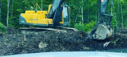Excavator in wooded area